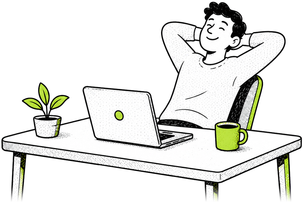 Illustratie van iemand die ontspannen achteroverleunt aan een bureau met laptop, plant en koffie
